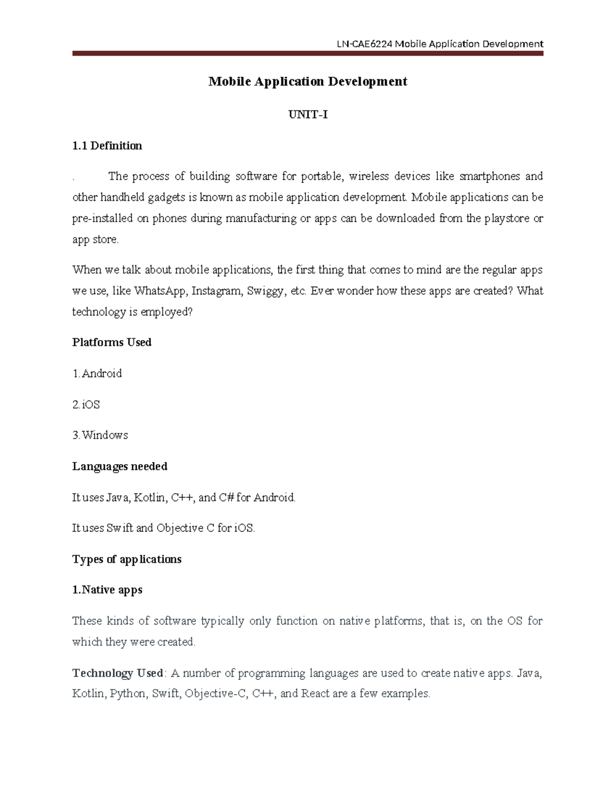 Mobile Application Development (CAE6224) - Unit 1 Overview and Insights ...