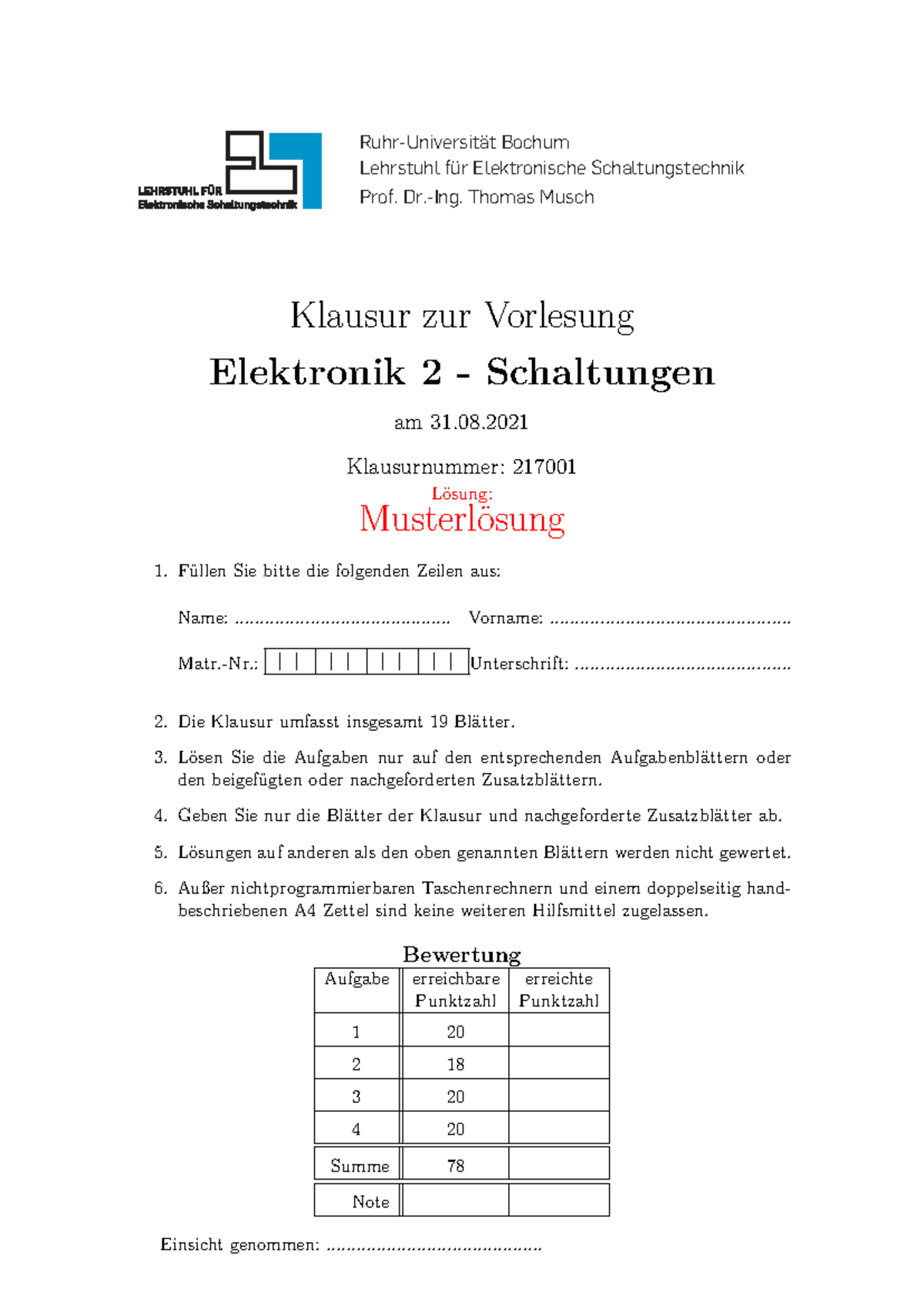 Klausur 217001: Musterlösung zur Vorlesung Elektronik 2 Schaltungen ...