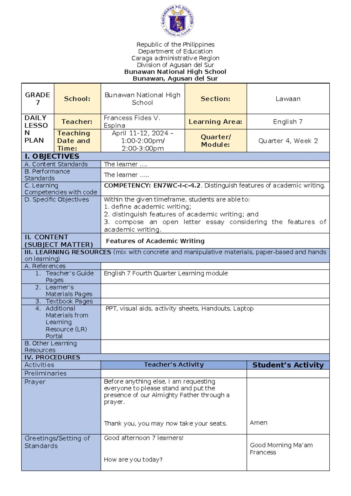 Quarter 3 - Week 1 Daily Lesson Plan for English 7 (February 2024 ...