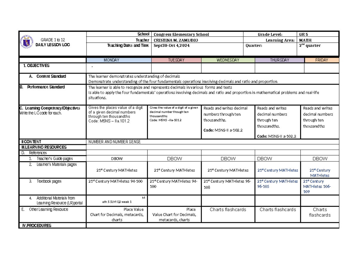 Math Lesson Plan Log for Grade 5 (Q2 W1: Sept 30 - Oct 4, 2024) - Studocu
