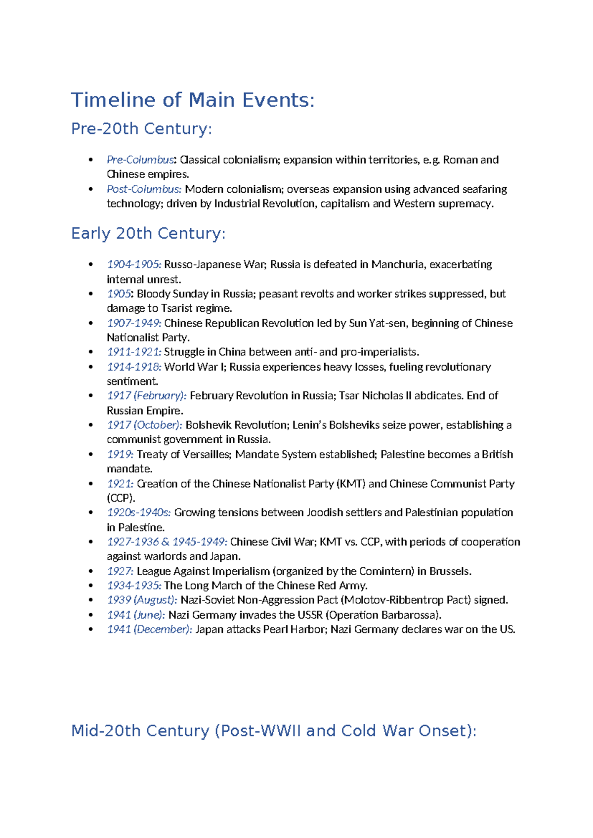 Timeline of Key Historical Events: Classical to Cold War - Studocu