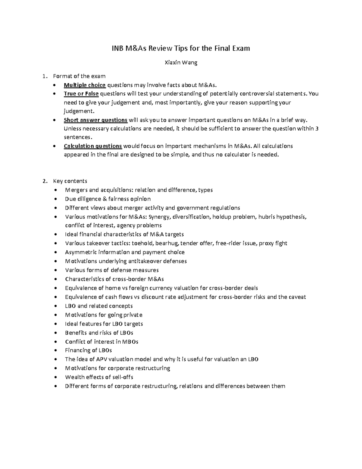 INB M&A Final Exam Review Notes and Key Content Summary - Studocu