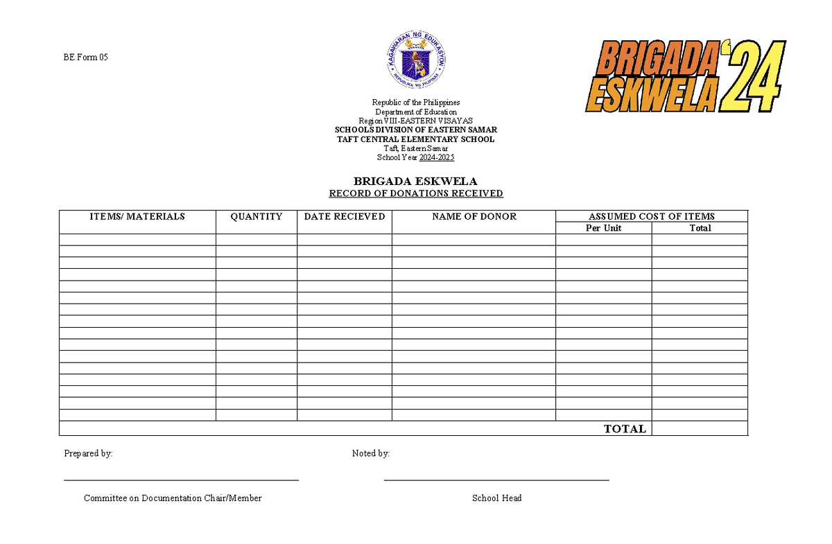 BE-Form-5 - Brigada Eskwela Forms - BE Form 05 Republic of the ...