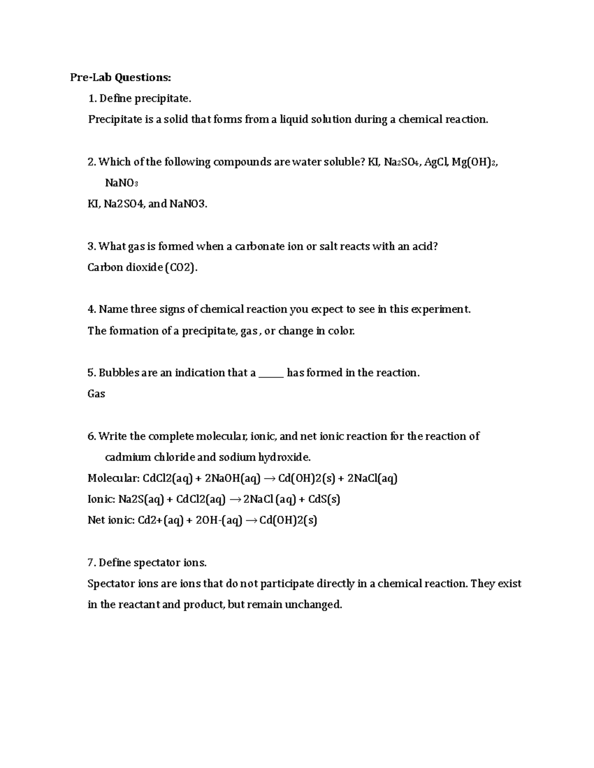 Pre-Lab Questions 5-1: Chemical Reactions and Precipitates - Studocu