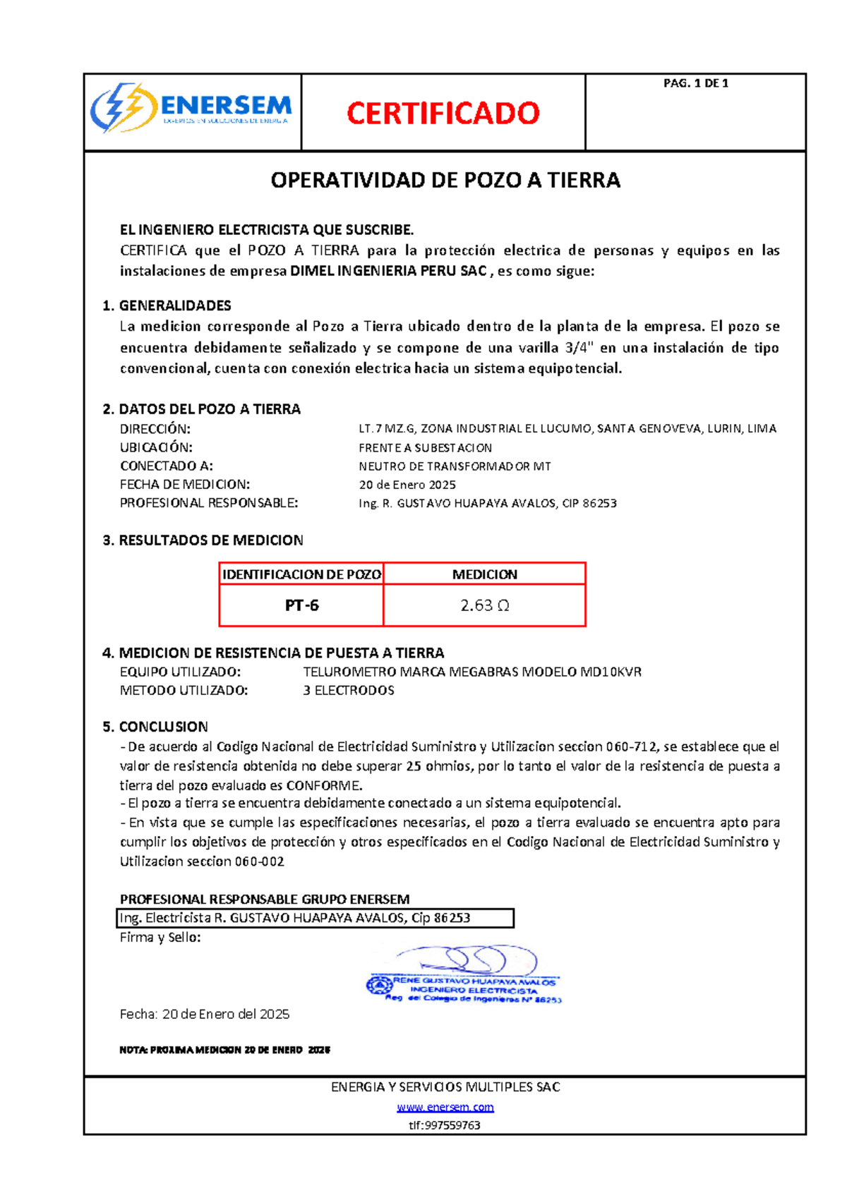 Certificado de Operatividad del Pozo a Tierra PT6 Dimel - Document Preview