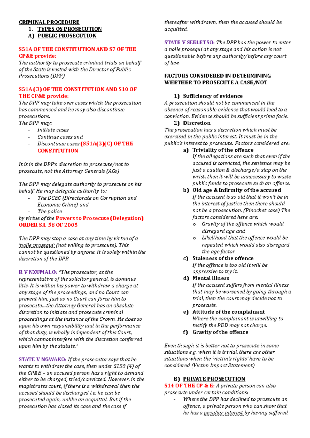Criminal Procedure Notes for Law Course: Types of Prosecution - Studocu
