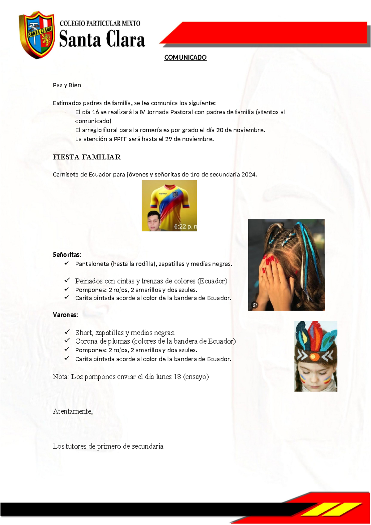 Comunicado para los PPFF-1ro-A-B-C-Family Fest - COMUNICADO Paz y Bien ...