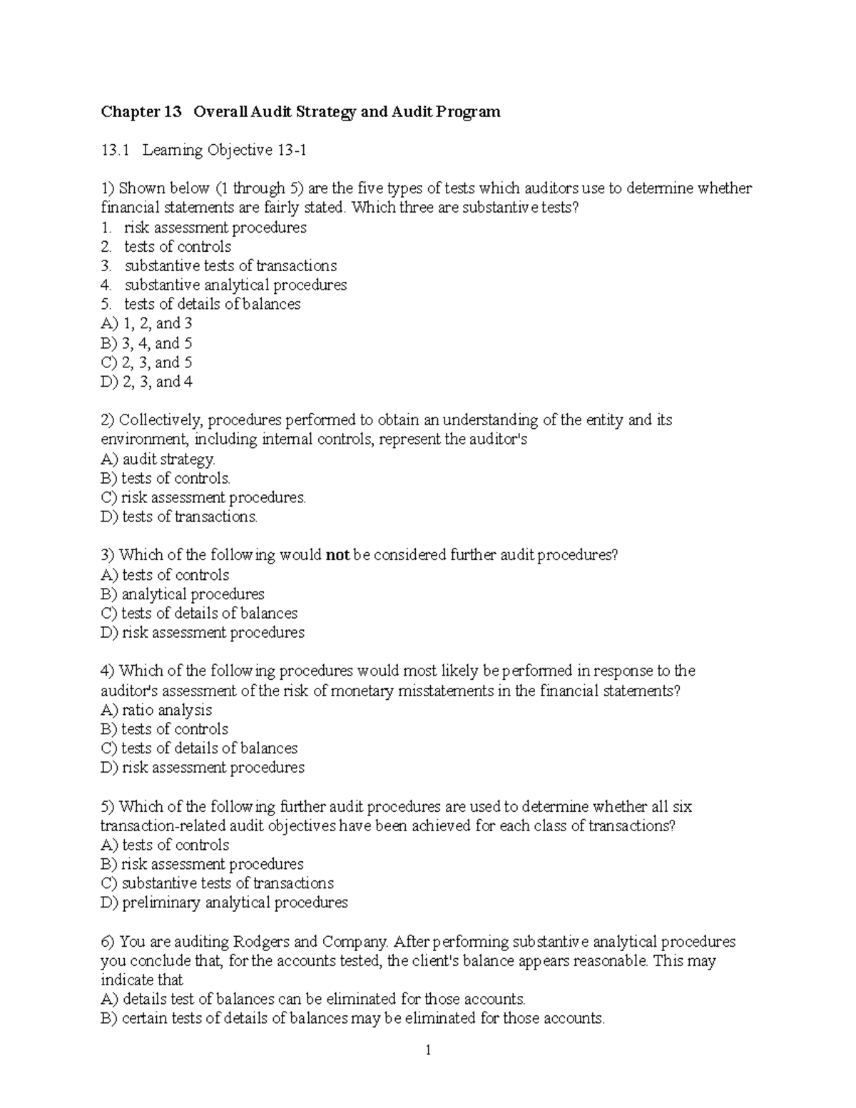 Chapter 13 - Questions - note - Chapter 13 Overall Audit Strategy and ...