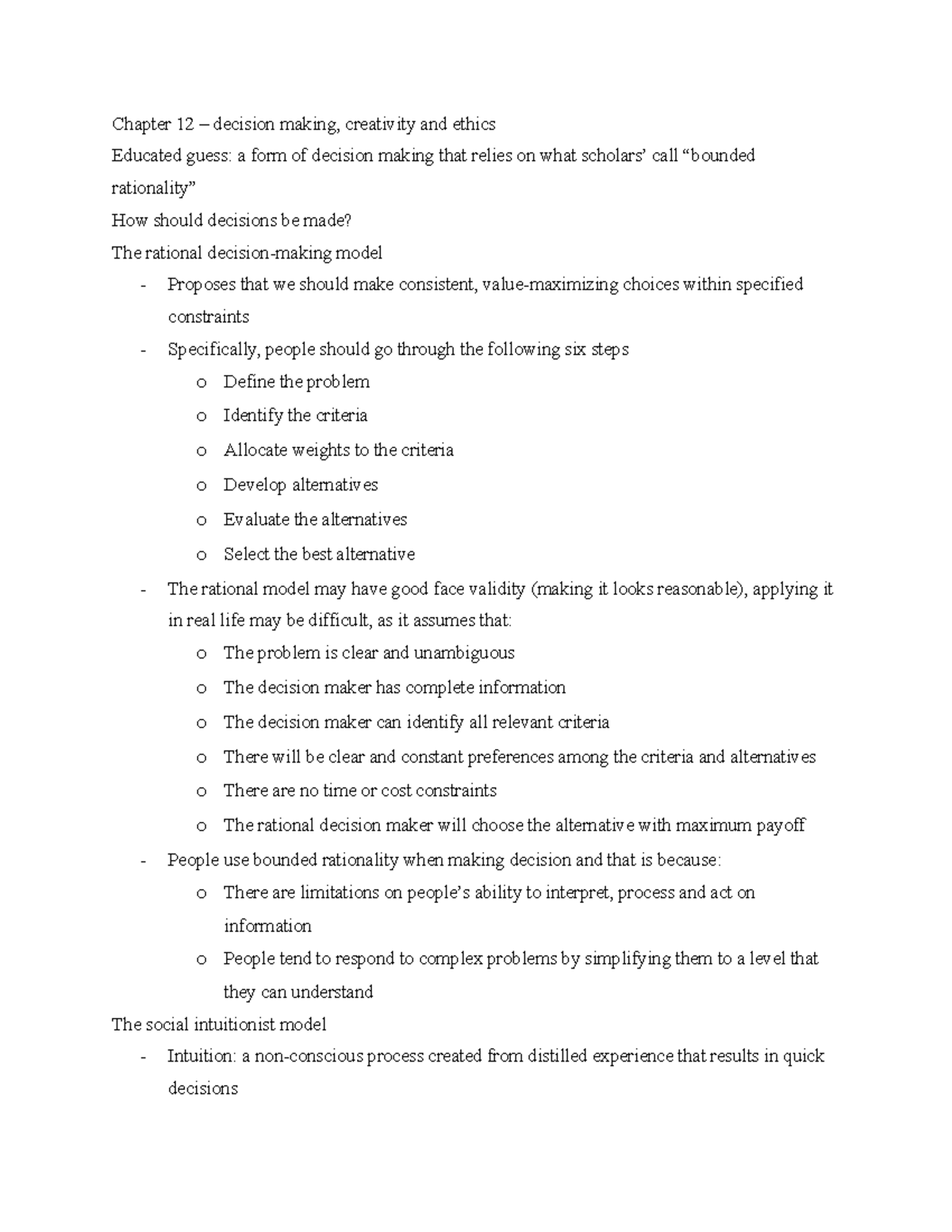 Chapter 12 – decision making, creativity and ethics - Chapter 12 ...
