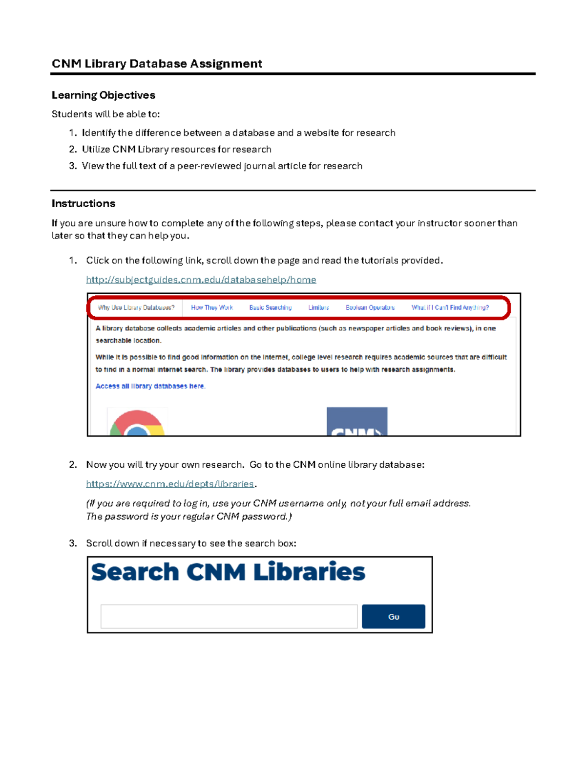 CNM Library Database Assignment Instructions and Objectives - Studocu
