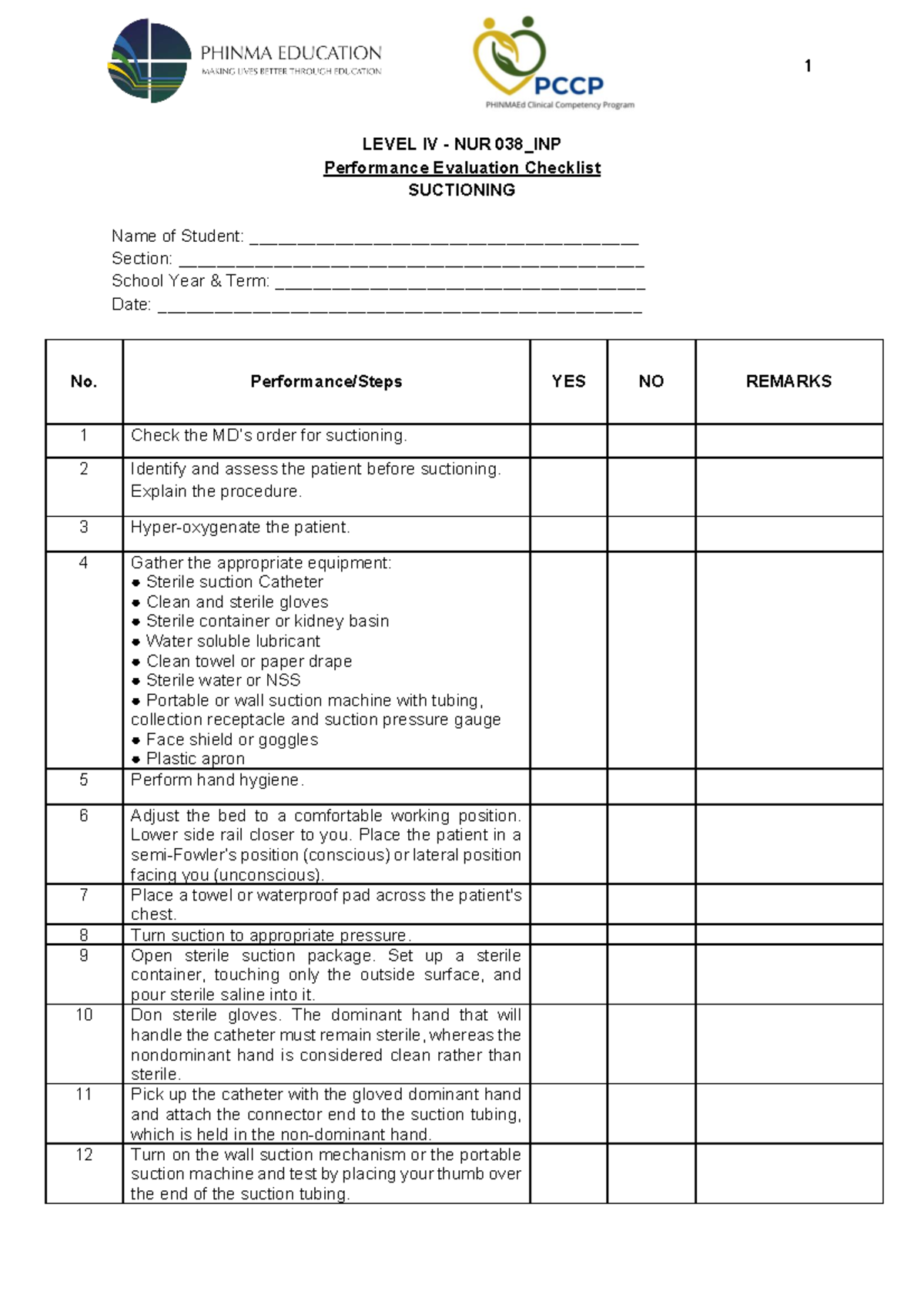 NUR 038 INP Suctioning Performance Evaluation Checklist - Studocu