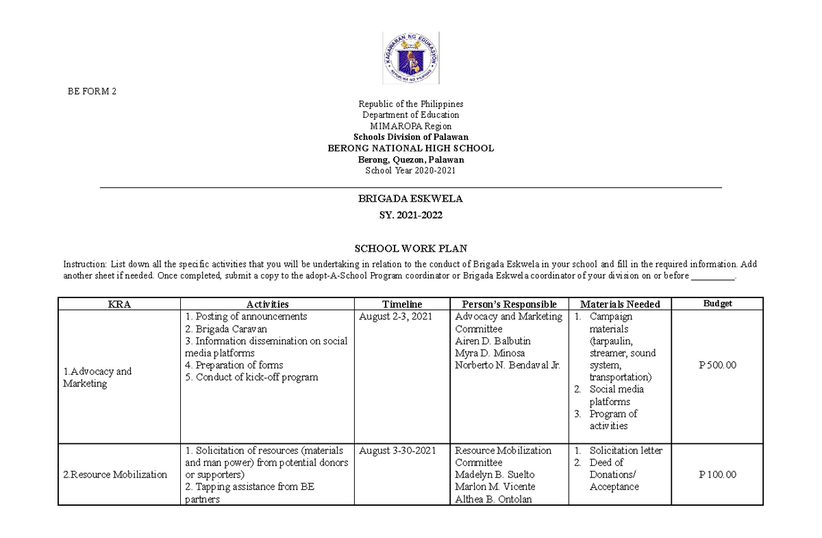Brigada Eskwela FORM 2: 2021 School Work Plan and Activities - Studocu