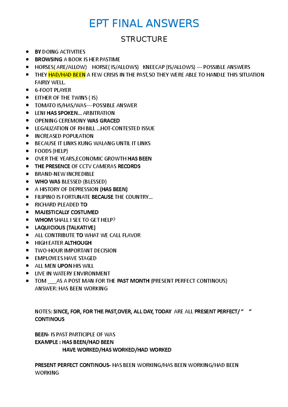 EPT FA - Reviewer - EPT FINAL ANSWERS STRUCTURE BY DOING ACTIVITIES ...
