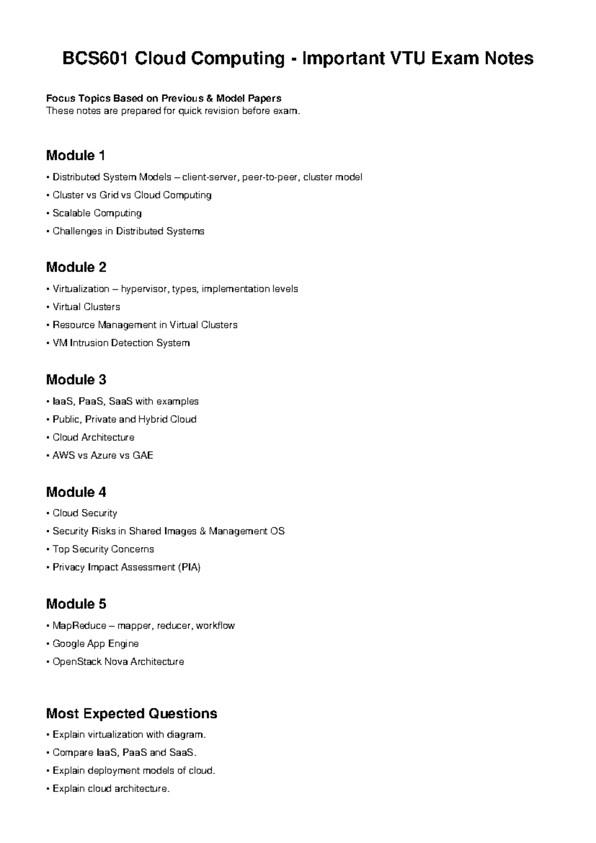 BCS601 Cloud Computing: Key Exam Notes & Focus Topics - Studocu