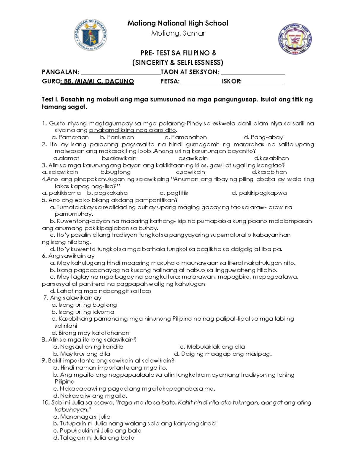 TEST SA FILIPINO 8: SINCERITY SELFLESSNESS Pretest Questions - Studocu