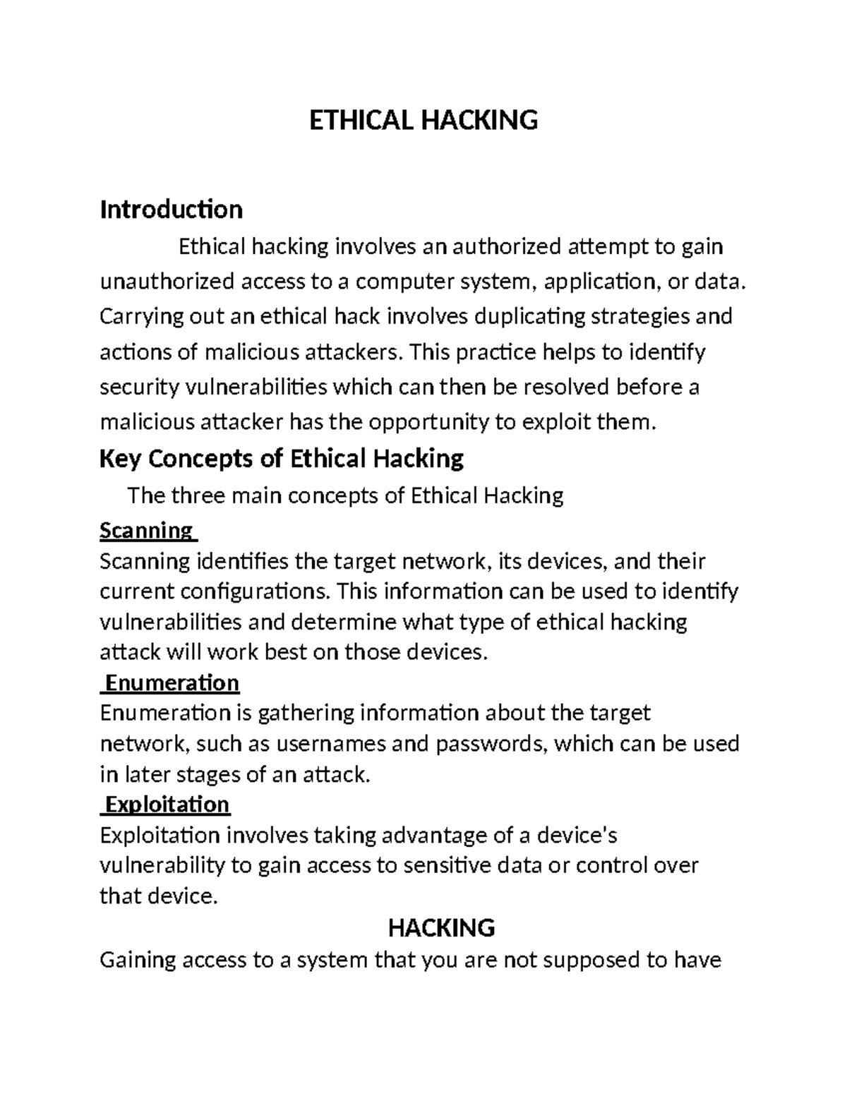 EH - Notes - ETHICAL HACKING Introduction Ethical hacking involves an ...