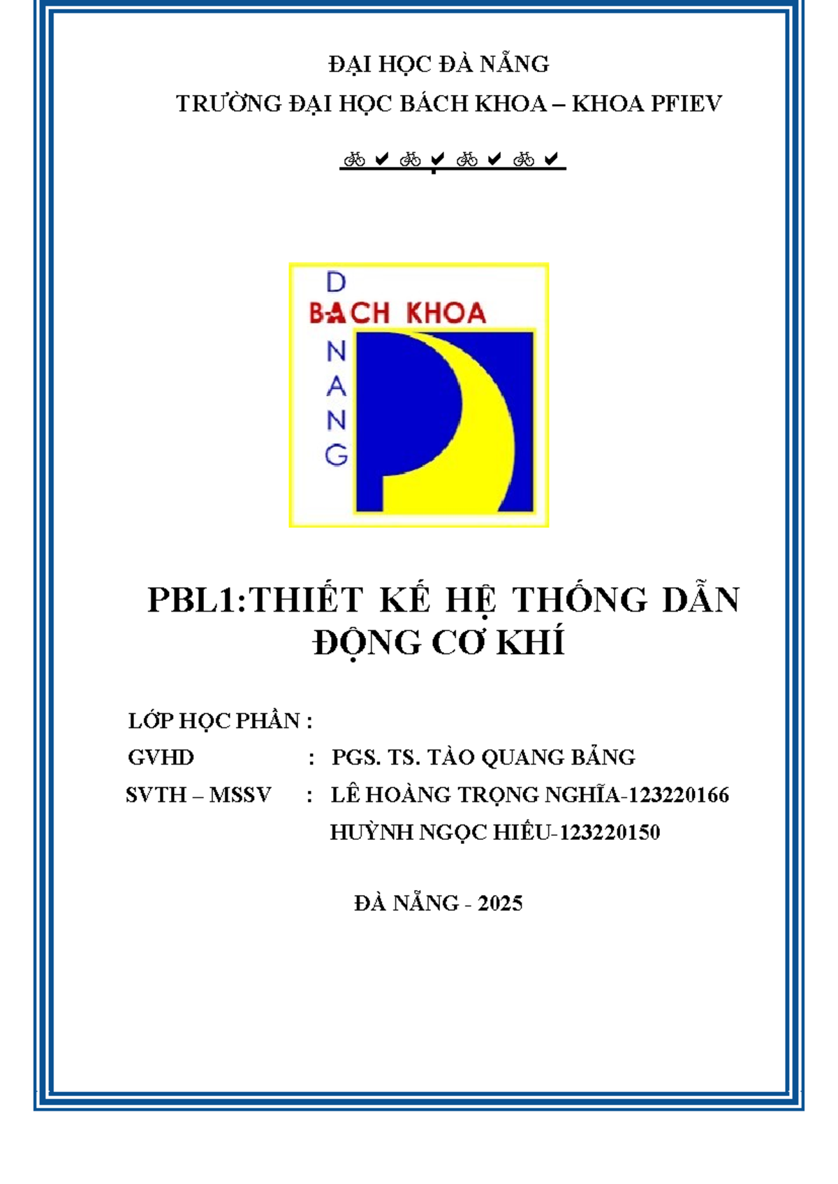PBL1: Thiết Kế Hệ Thống Truyền Động Cơ Khí - ĐH Đà Nẵng 2025 - Document Preview
