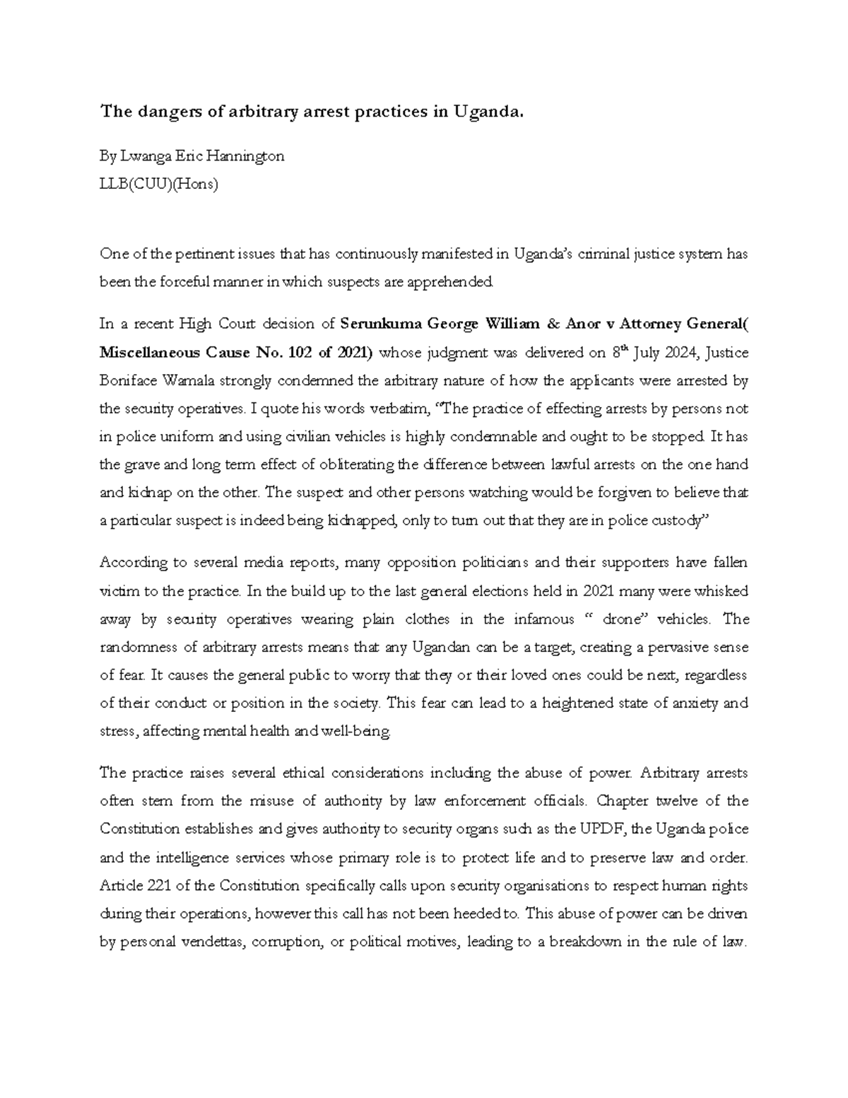 LLB(CUU)(Hons) Essay: The Dangers of Arbitrary Arrest Practices in ...