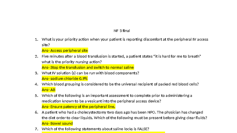 NF 3 Final Exam Review: Key IV Therapy Concepts and Actions - Studocu