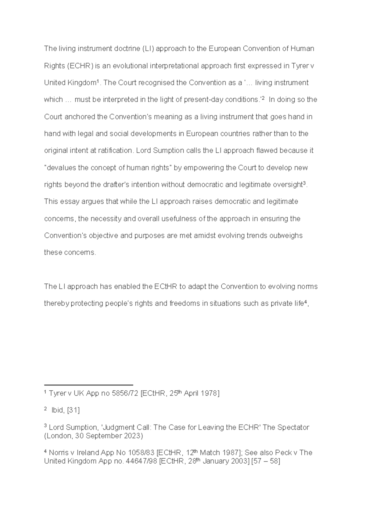 Human Rights Essay: The Living Instrument Doctrine (LI) and ECHR - Studocu