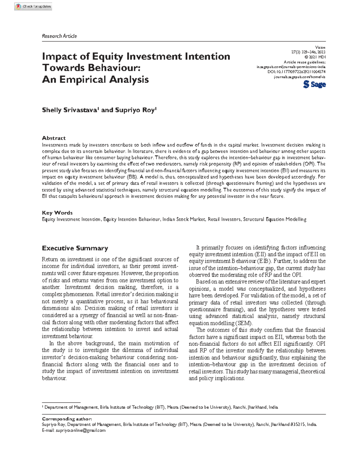 Impact of Equity Investment Intention on Behaviour: An Empirical Study ...