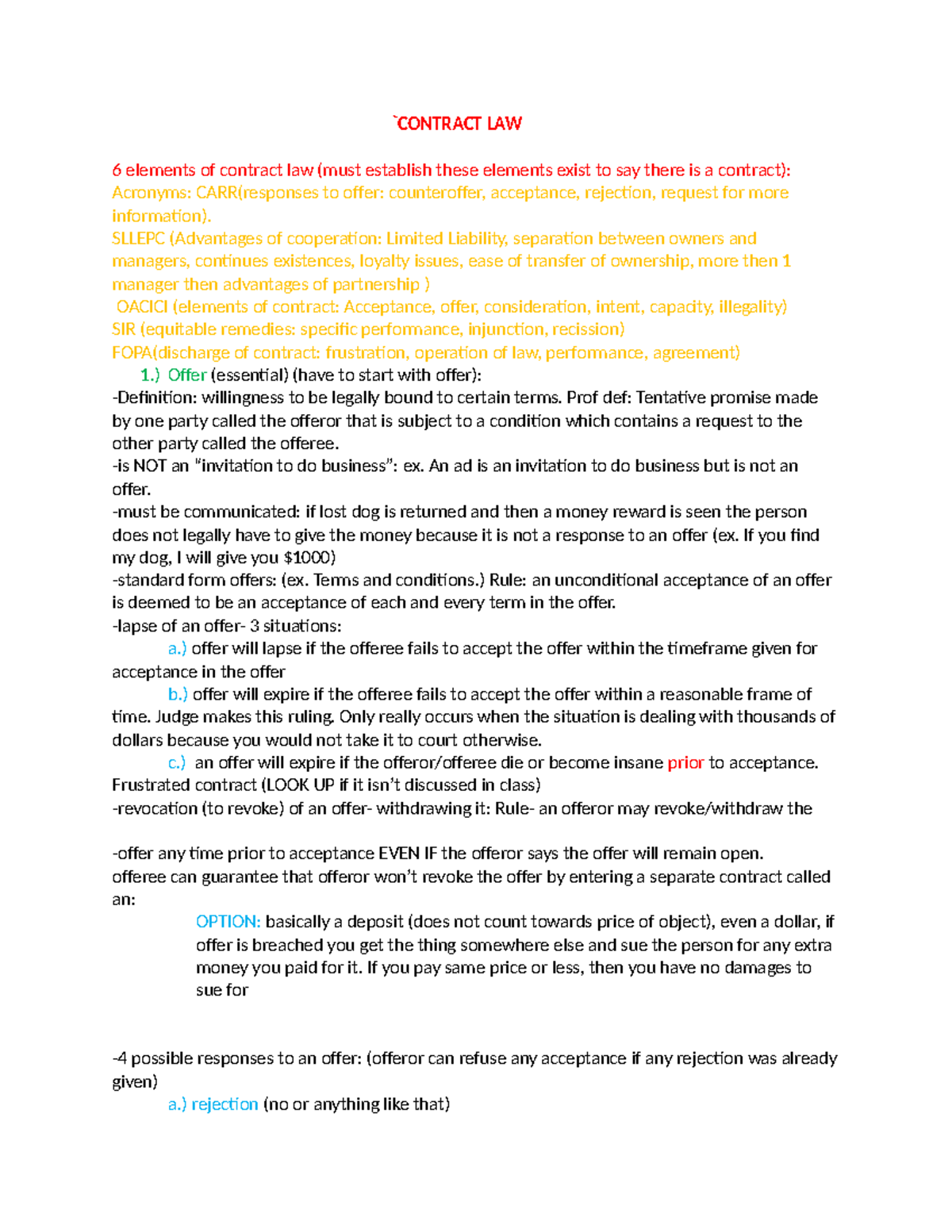 Comm. Law 20&21&22 Final Exam Notes on Contract Law Elements - Studocu