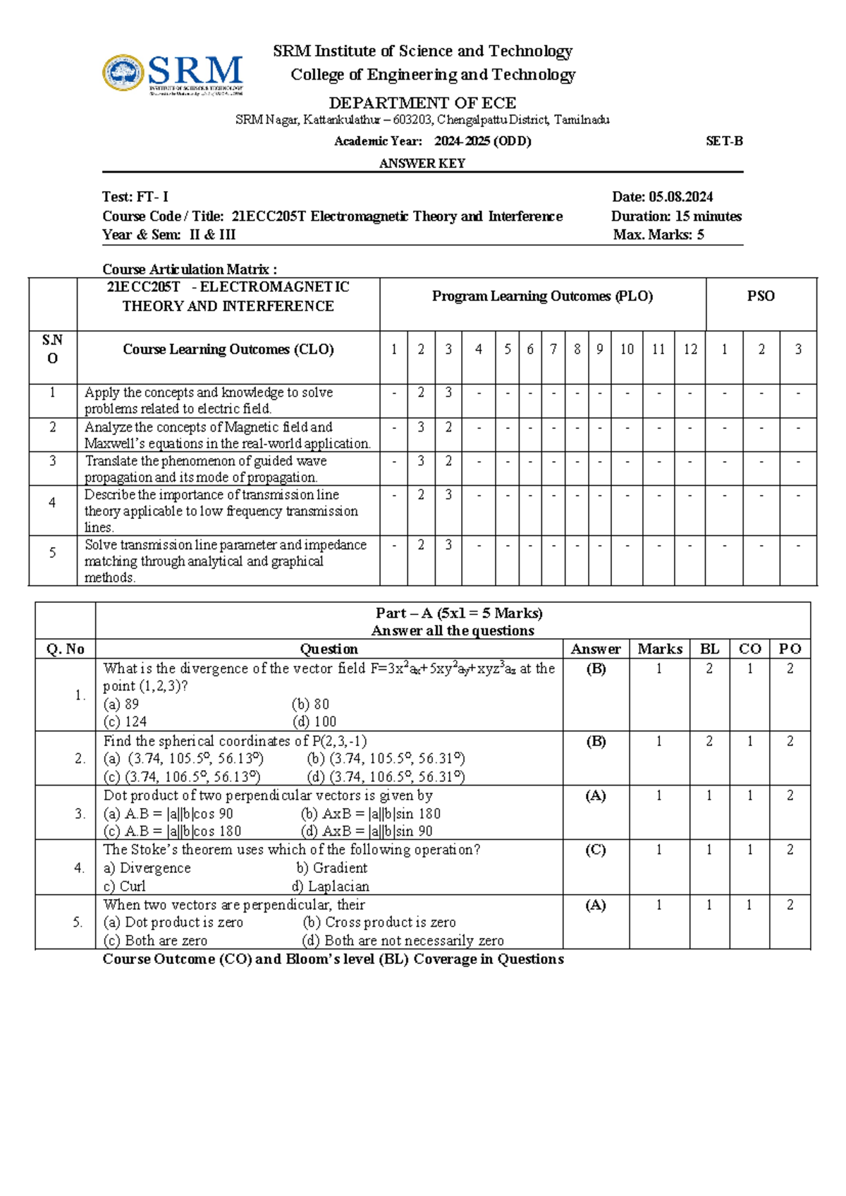 FT1 QP Set B Answer Key for EMI MCQs - Electromagnetic Theory 21ECC205T ...