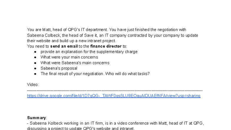 TEAM 3 - Email Summary of IT Project Negotiation with Save It - Studocu