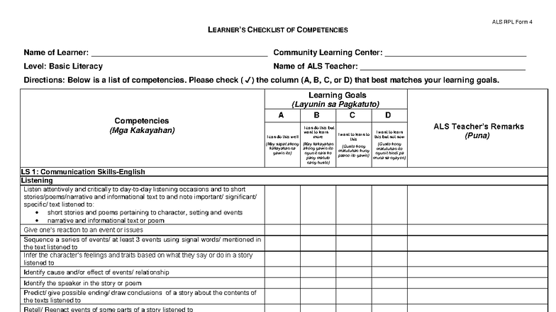 RPL Form 4 - Basic Literacy Learner's Competency Checklist - Studocu