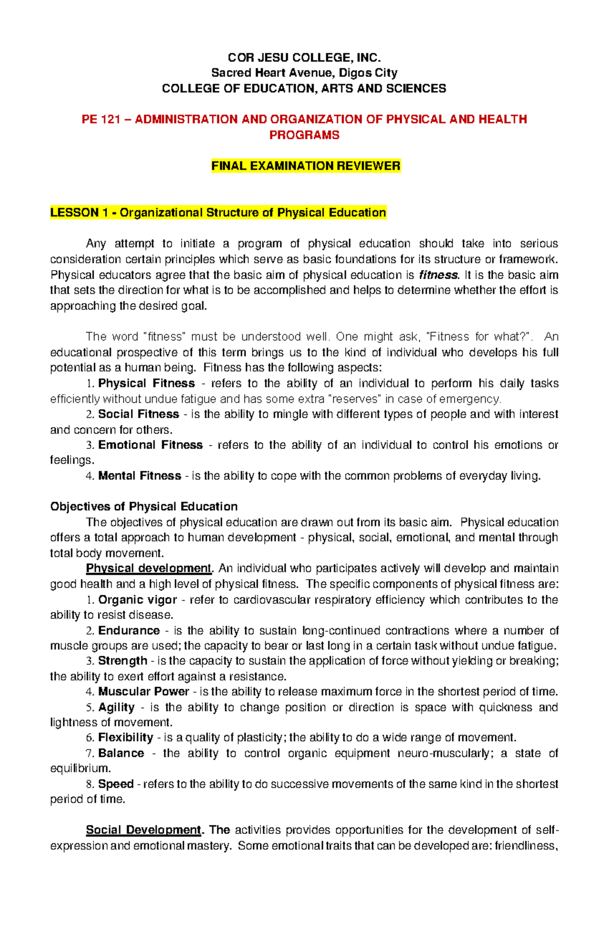 PE 121 Admin: Final Exam Review on Physical Education Programs - Studocu