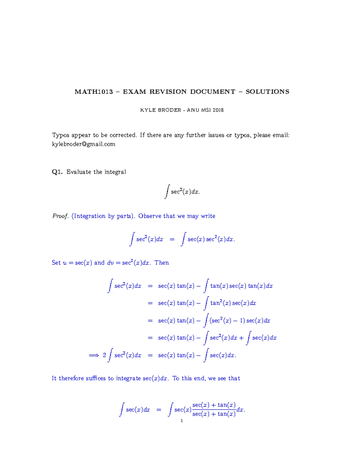 MATH1013 SAMPLE Final Exam Questions and Solutions, Semester 1, 2024 ...