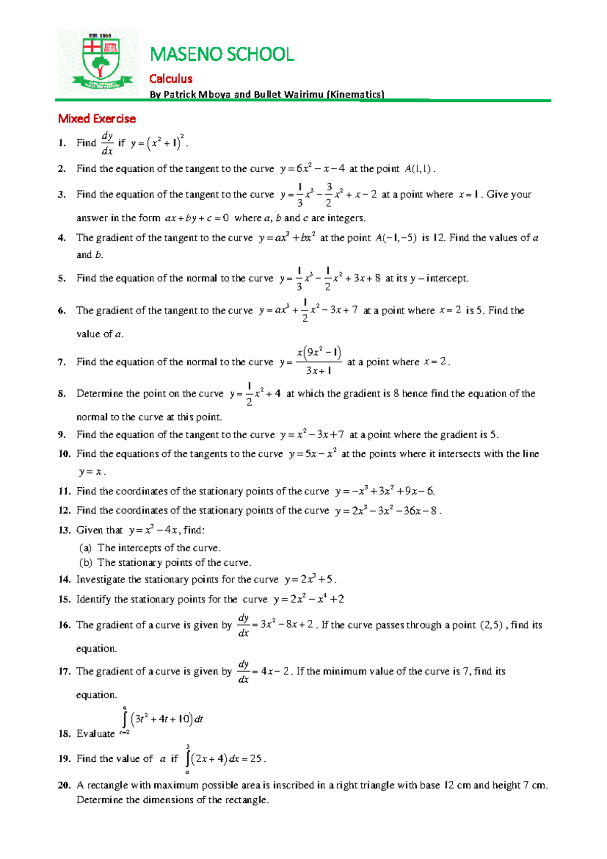 Calculus Mixed Exercises & Solutions - MASENO SCHOOL - Studocu