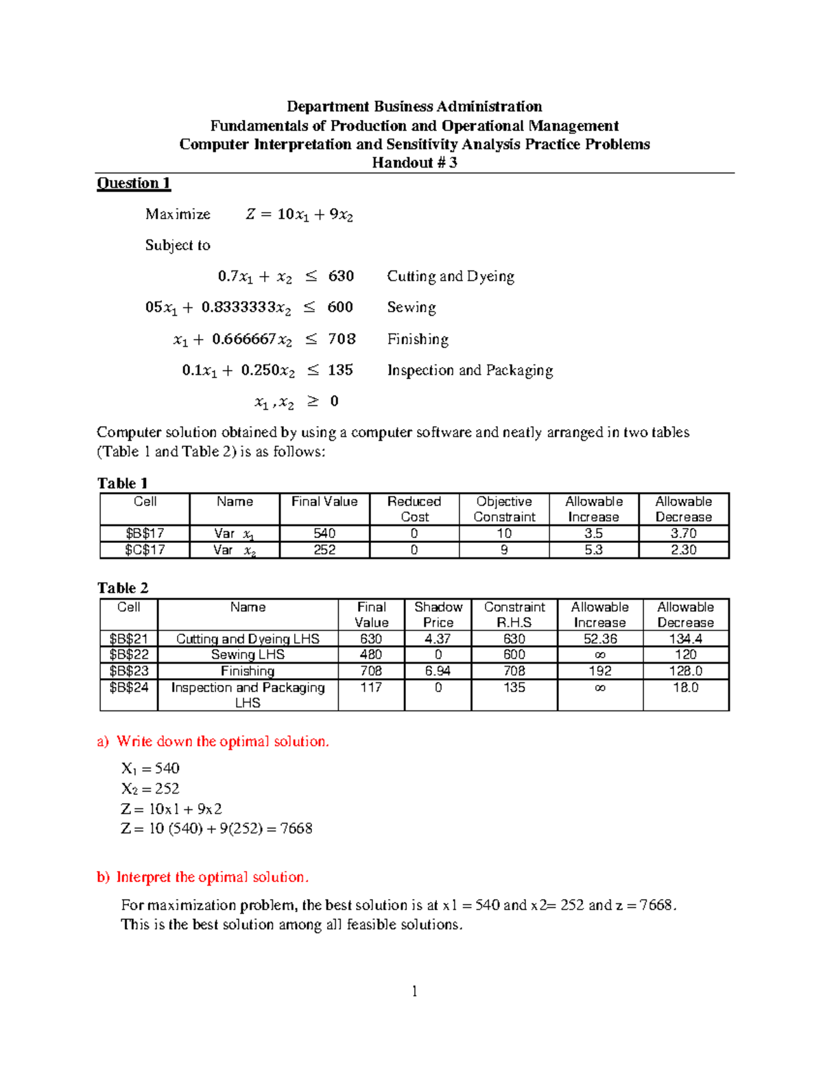 Linear Programming Sensitivity Analysis Practice Problems - Solutions ...