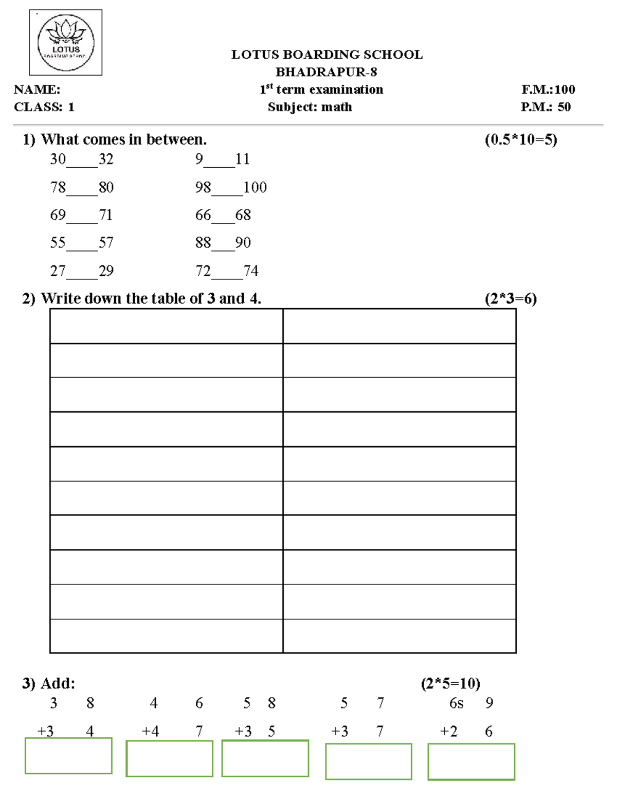 Primary question class-1 assessment - BHADRAPUR- NAME: 1 st term ...