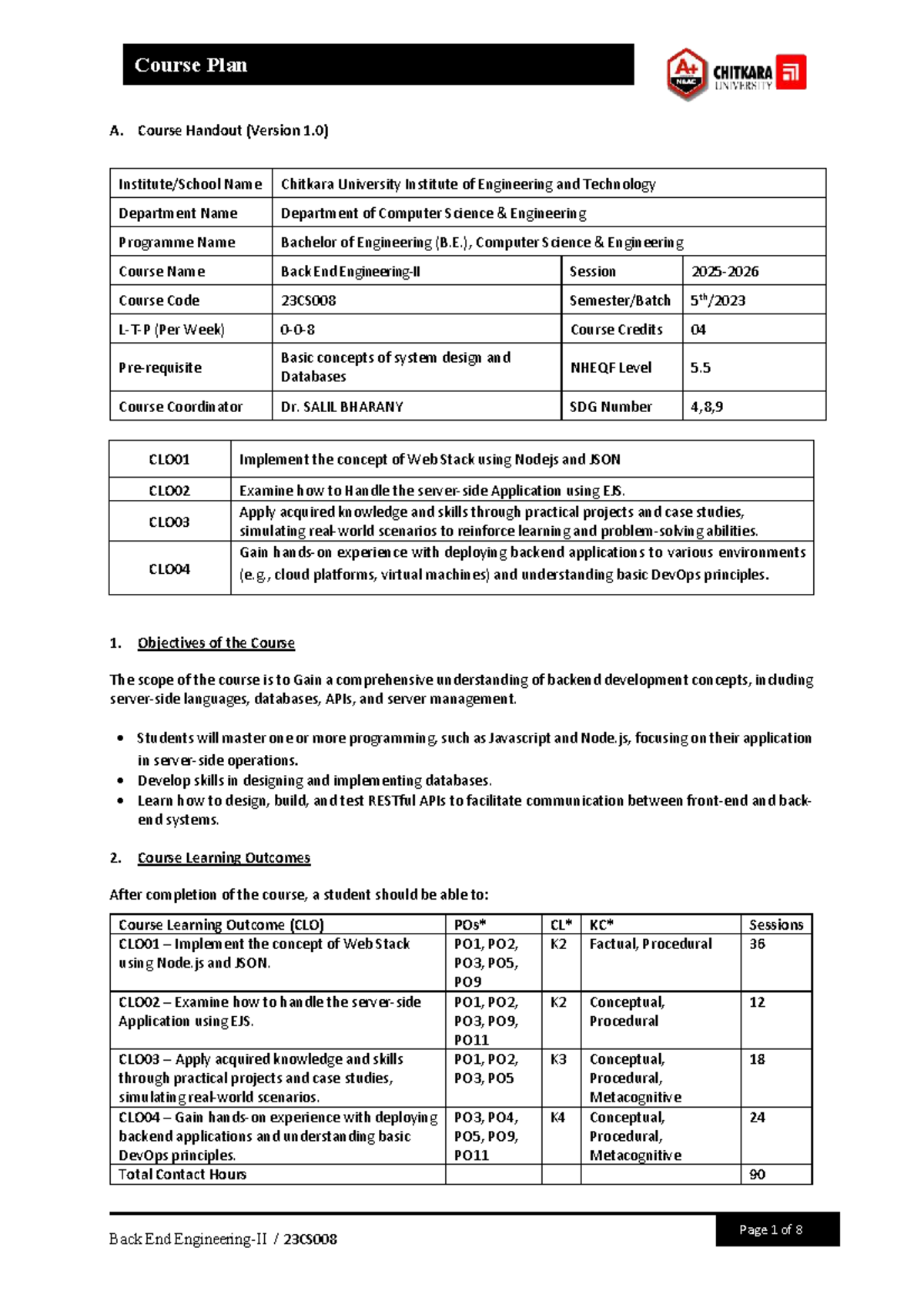 Back End Course Plan 23CS008: Comprehensive Overview and Syllabus - Studocu