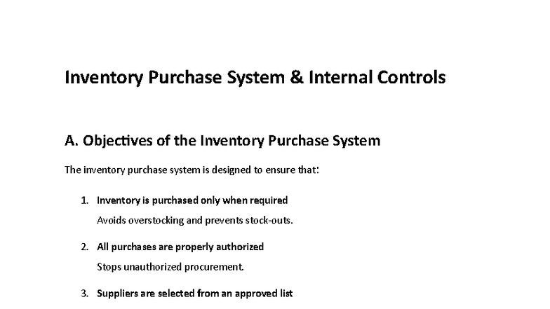 Inventory Purchase System Internal Controls Overview - Studocu