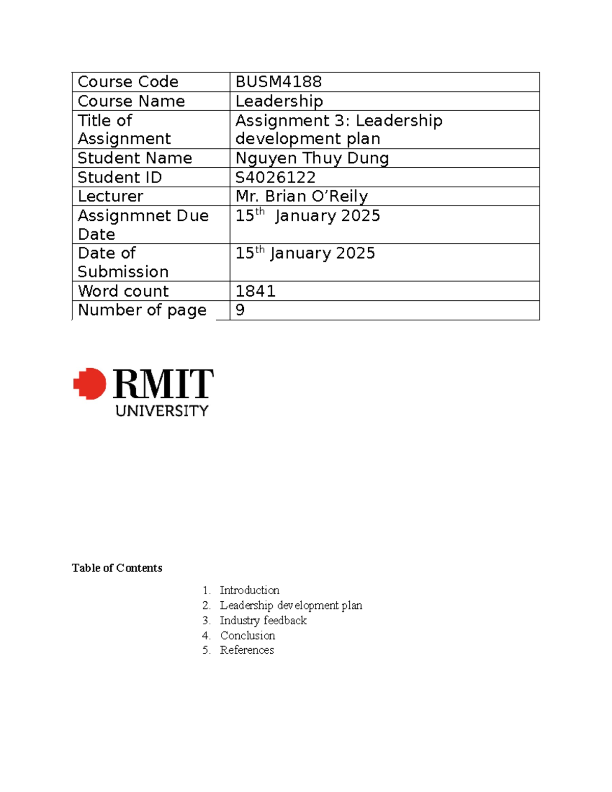 BUSM4188 Leadership Assignment 3: Development Plan Overview - Studocu