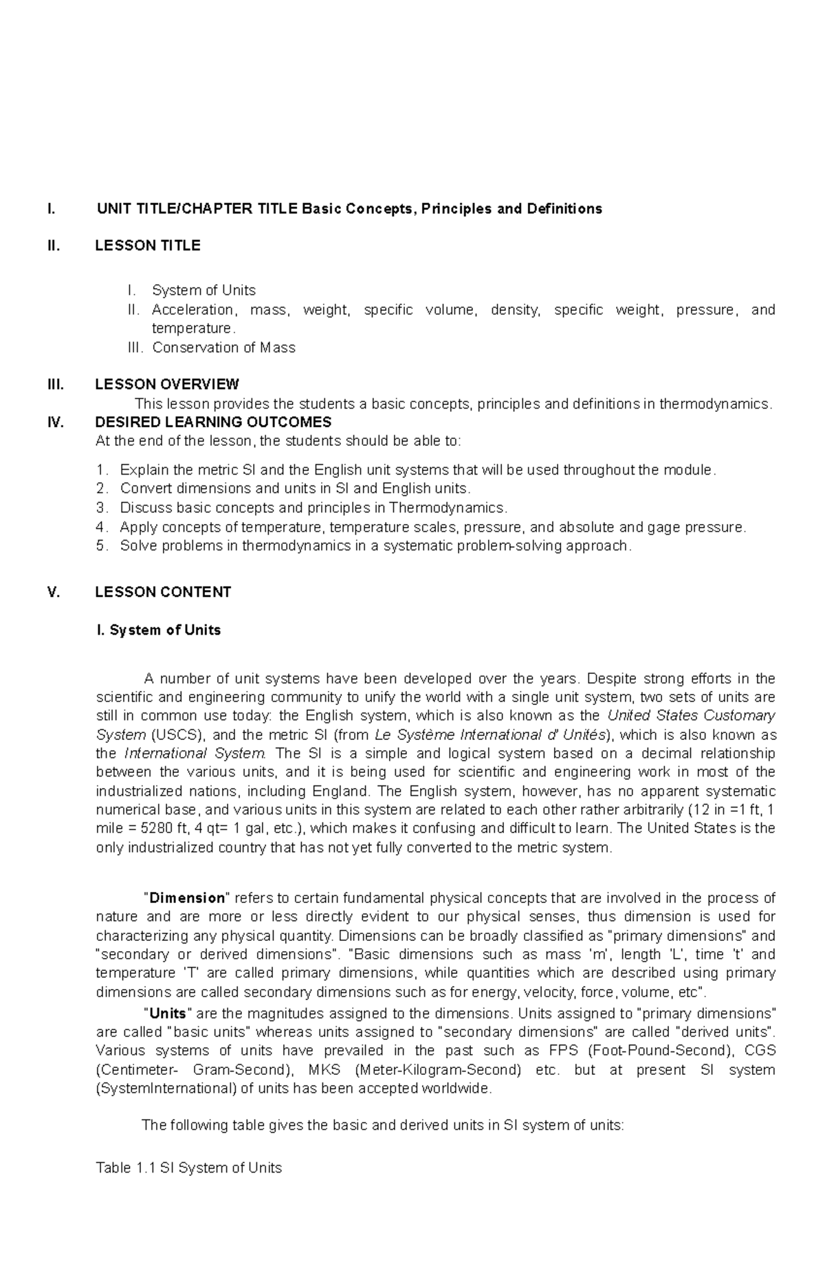 Thermo 1 IM Week2-3 - I. System of Units II. Acceleration, mass, weight ...