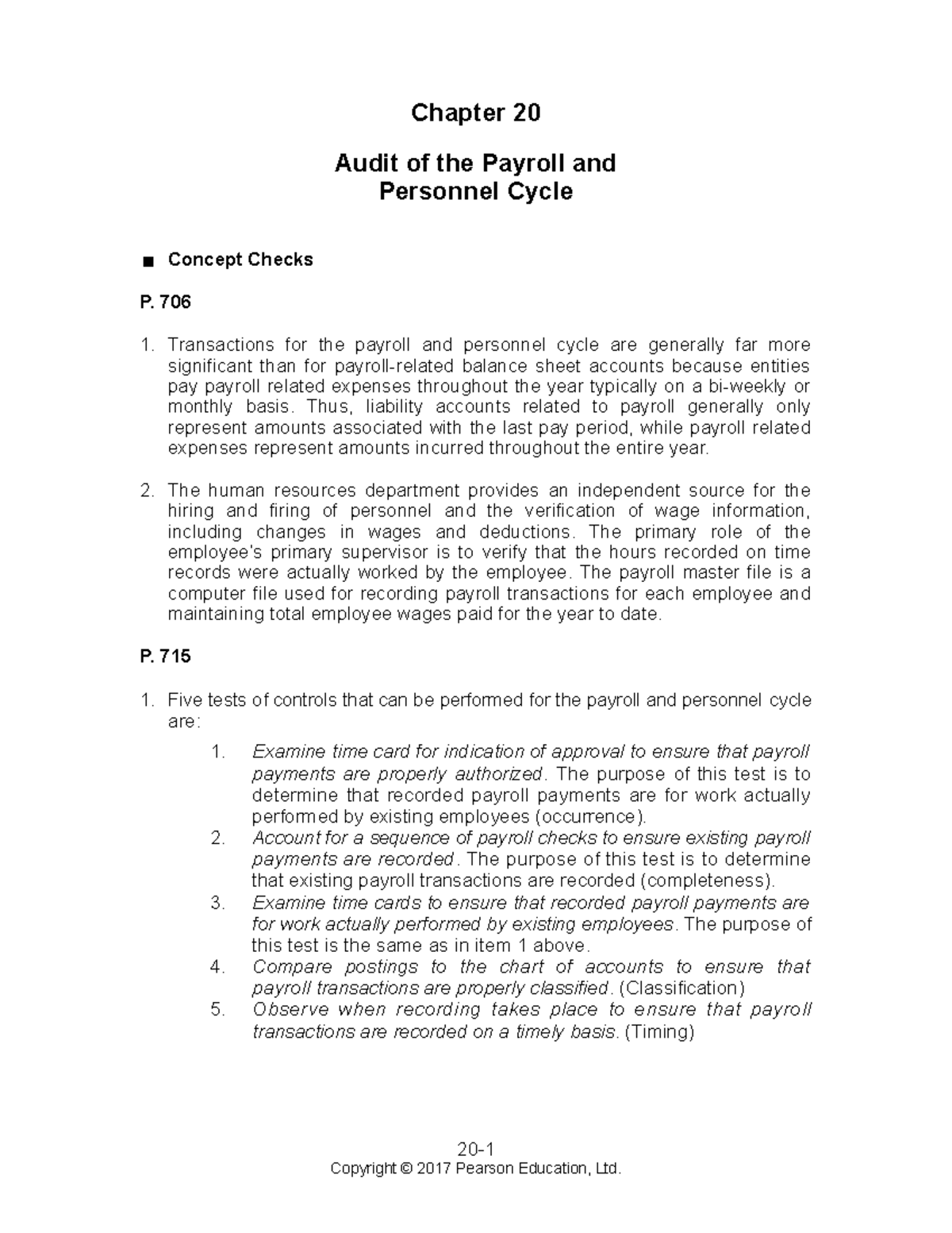 Audit of Payroll Cycle - Chapter 20 (Arens Auditing 16e SM 20) - Studocu