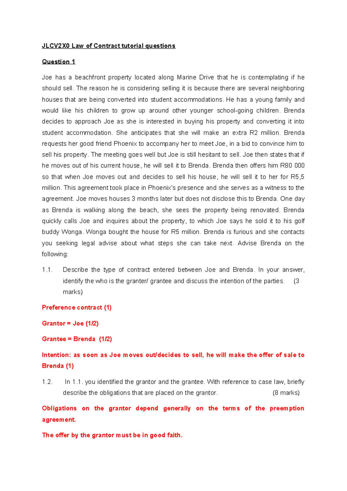 JLCV2X0 Final Exam: Law of Contract Tutorial Questions Analysis - Studocu