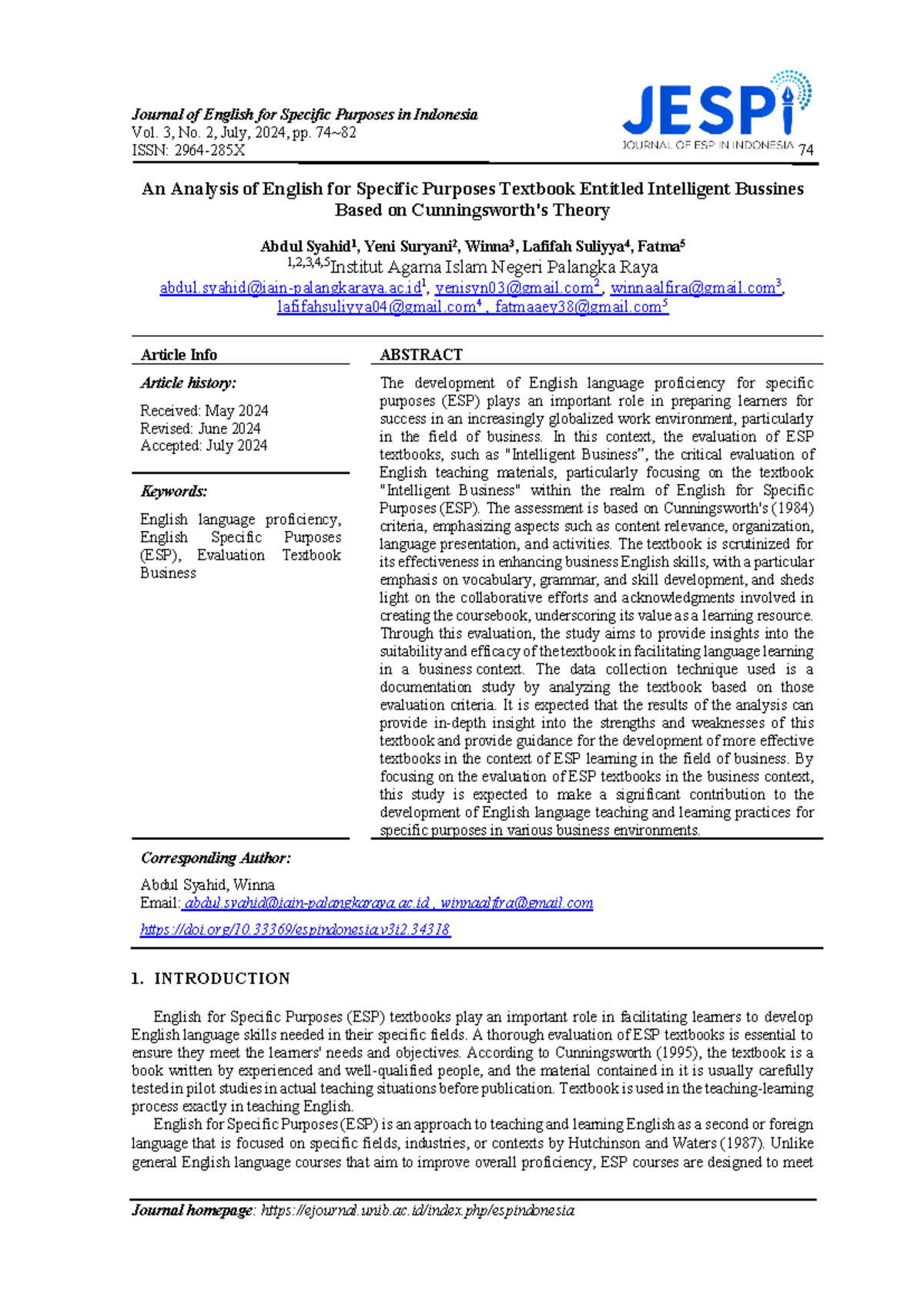 Analysis of ESP Textbook "Intelligent Business" for Business English ...