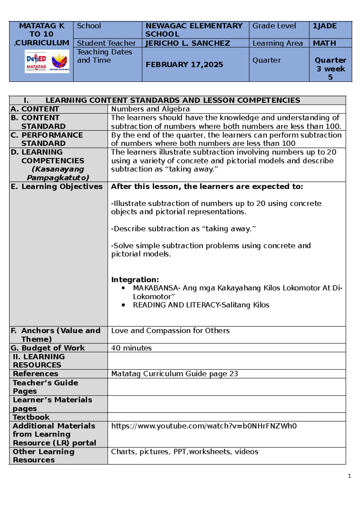 MATATAG K TO 10 MATH Lesson Plan for Grade 1 - Week 5 - Studocu