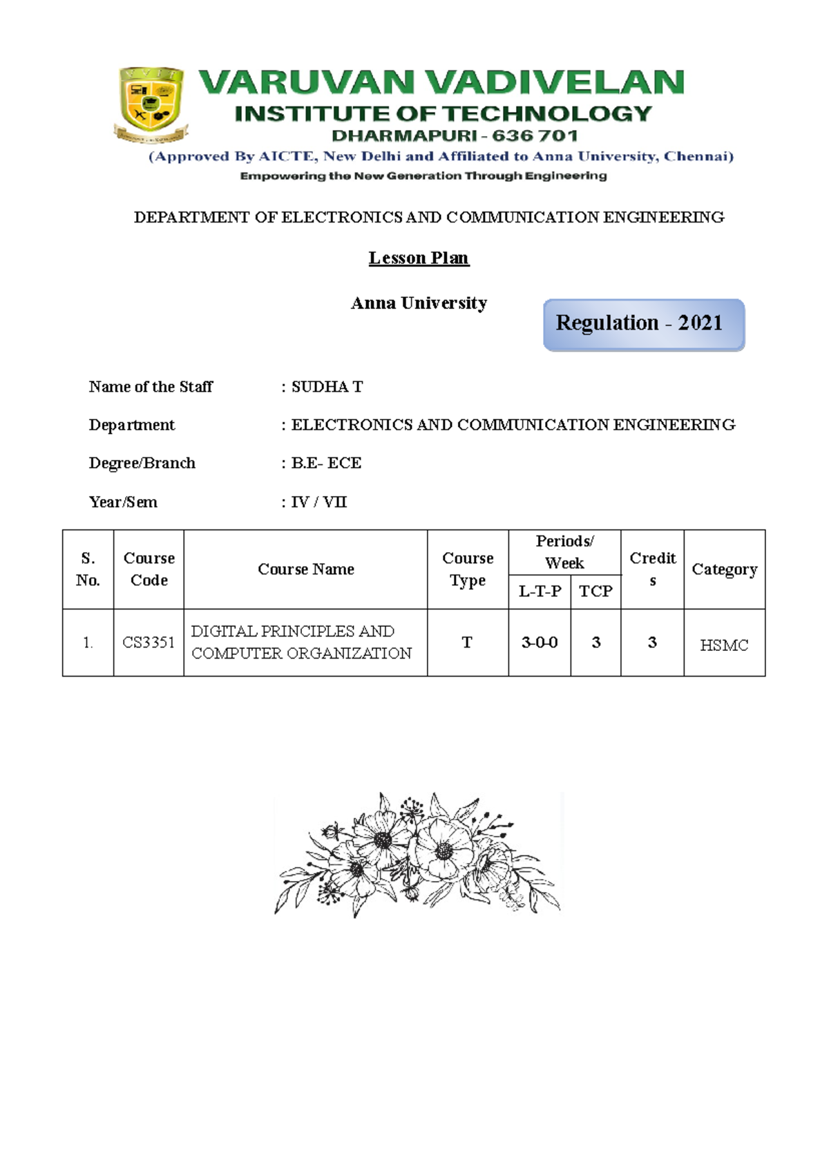 CS3351 Lesson Plan for Digital Principles and Computer Organization ...