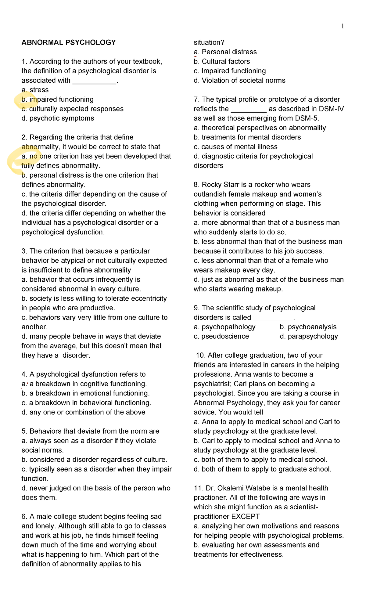 Abnormal Psychology Study Guide (PSY 101) - Key Concepts & Review - Studocu