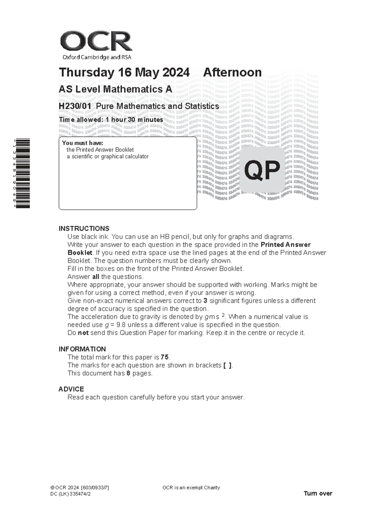 AS Level Mathematics A (H230) Pure Math & Stats Exam Paper - June 2024 ...