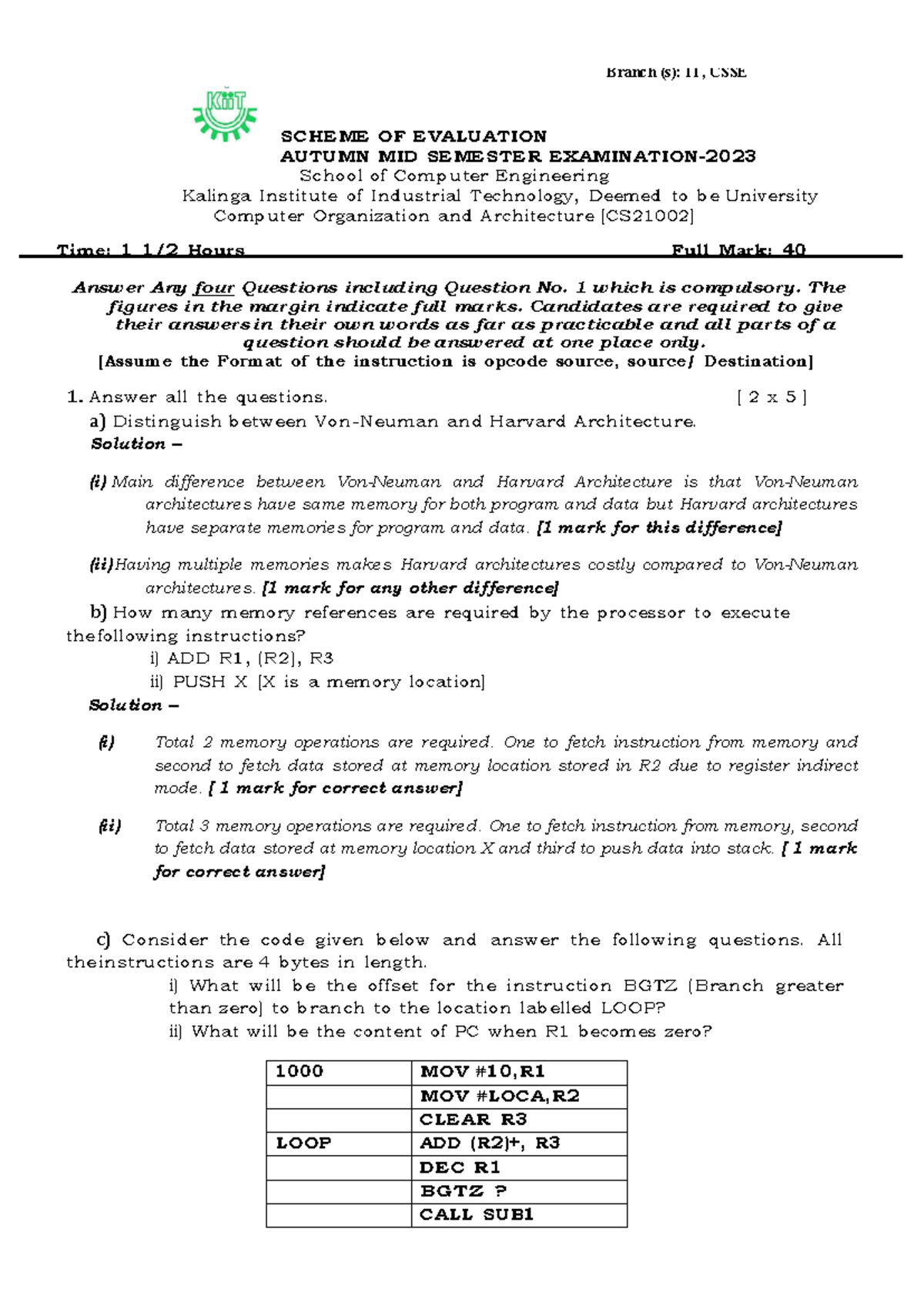 Mid Semester Exam: COA (CS21002) - 4th Semester Questions & Solutions ...