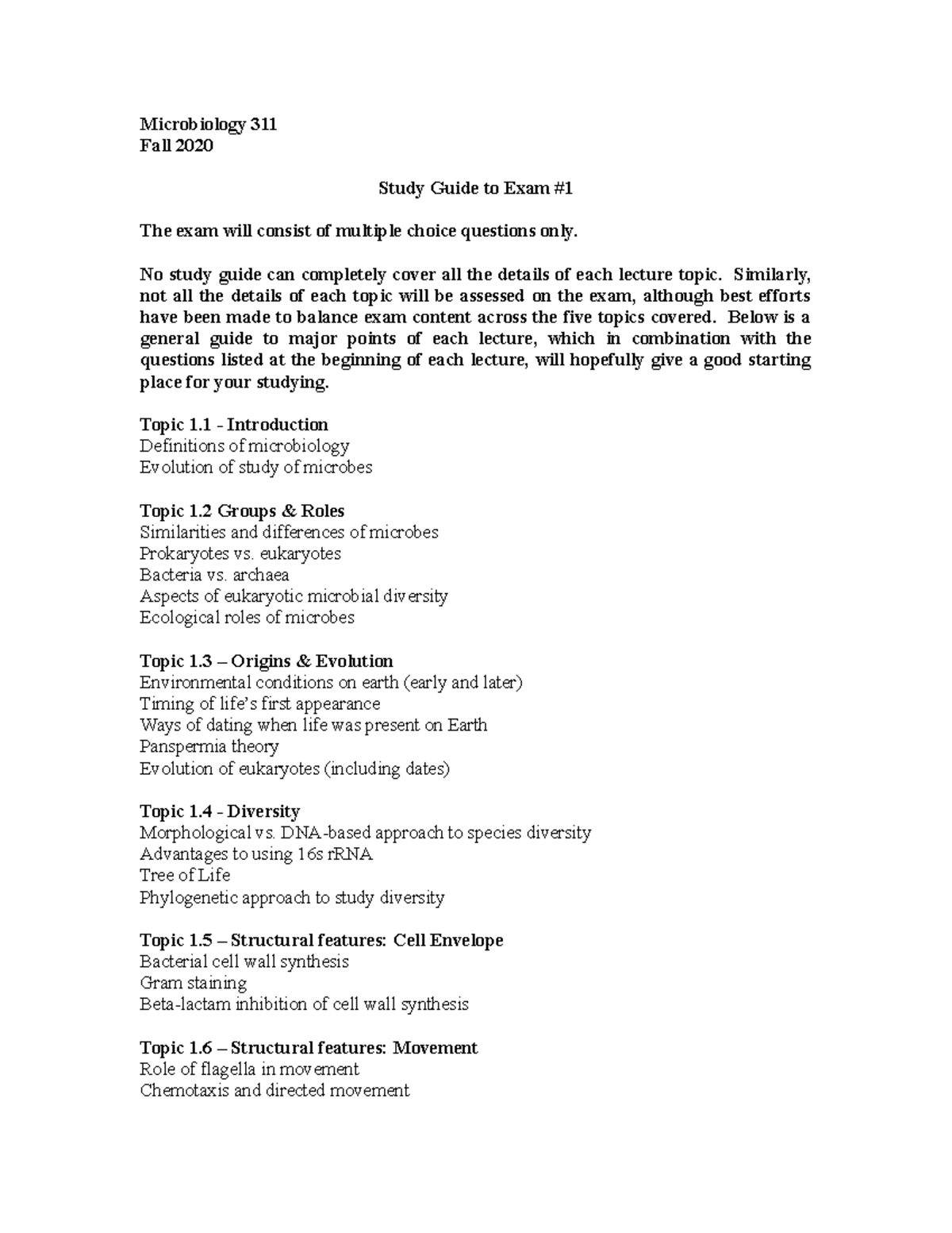 Exam 1 study guide answers 2021 - Microbiology 311 Fall 2020 Study ...