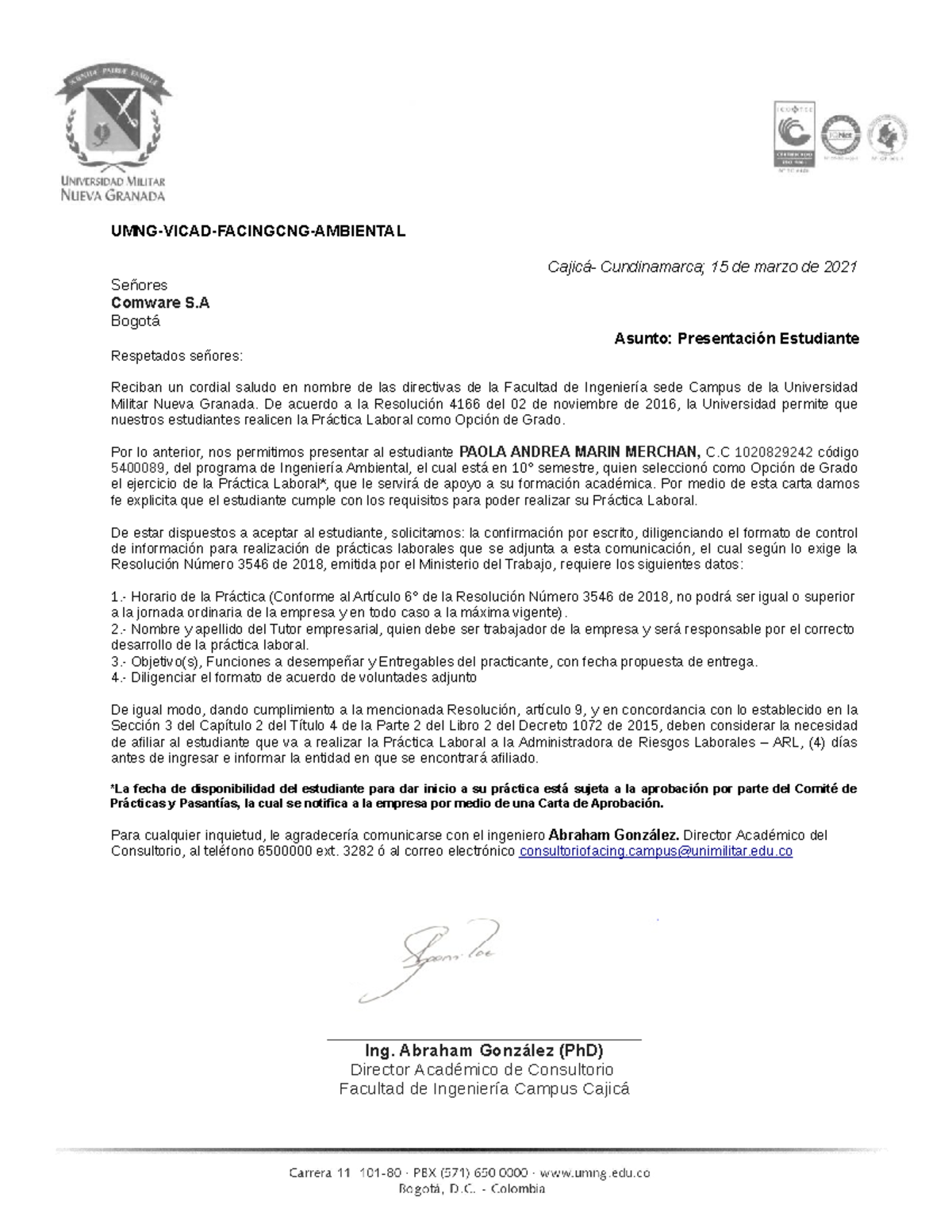 Carta de Presentación para Práctica Laboral - Paola Andrea Marin - ING. AMBIENTAL - Document Preview