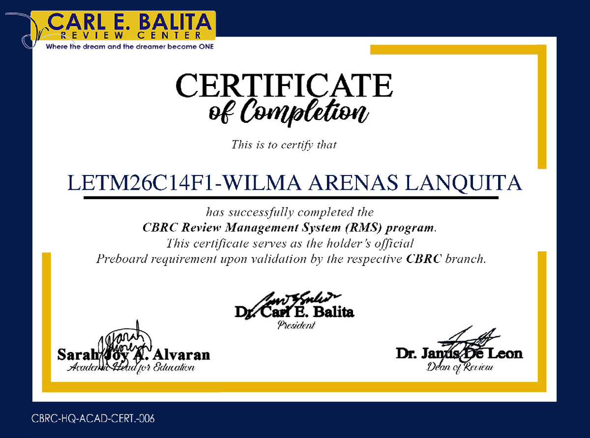 CBRC RMS Program Completion Certificate for Arenas Lanquita - Studocu