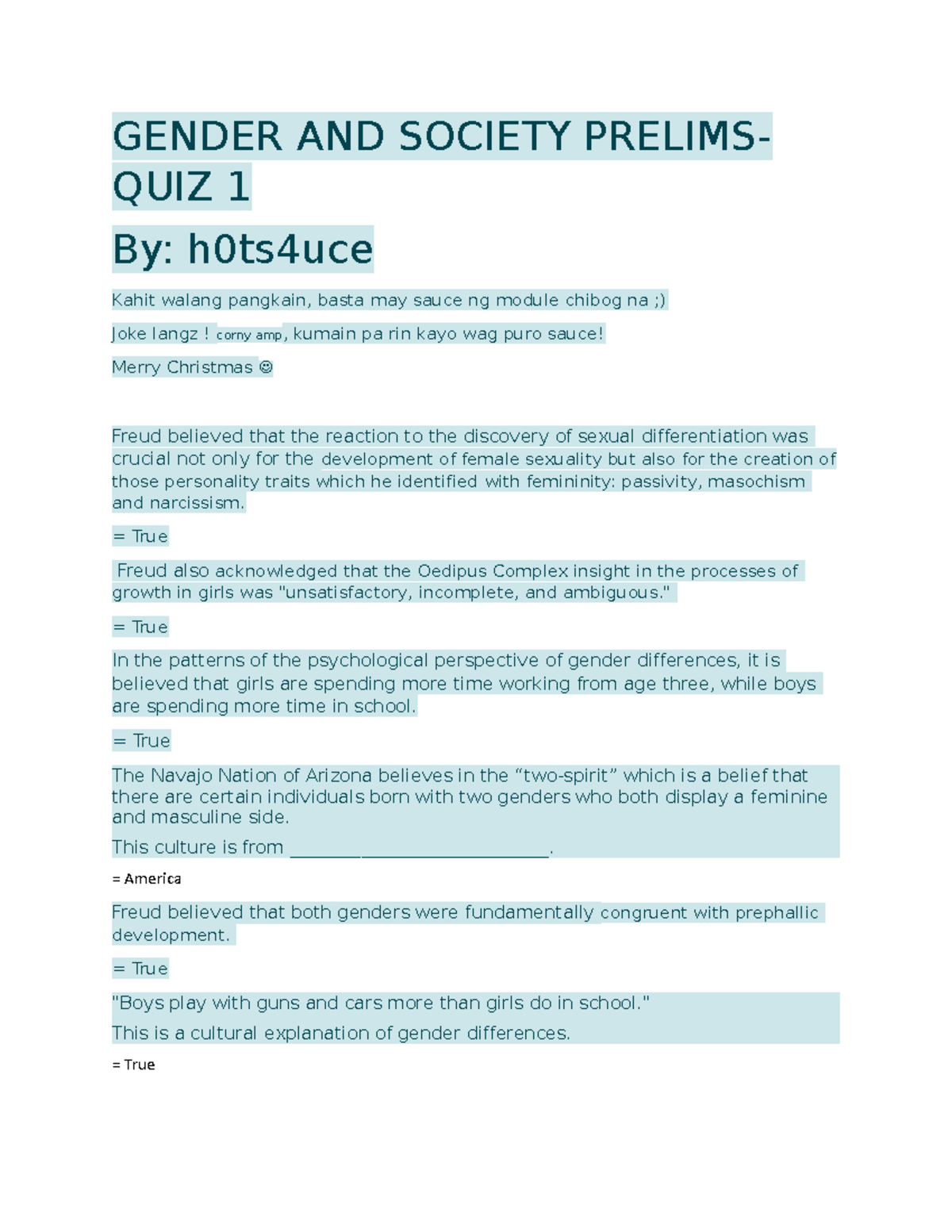 Gender and Society Quiz 2: Key Concepts and Freud's Theories - Studocu